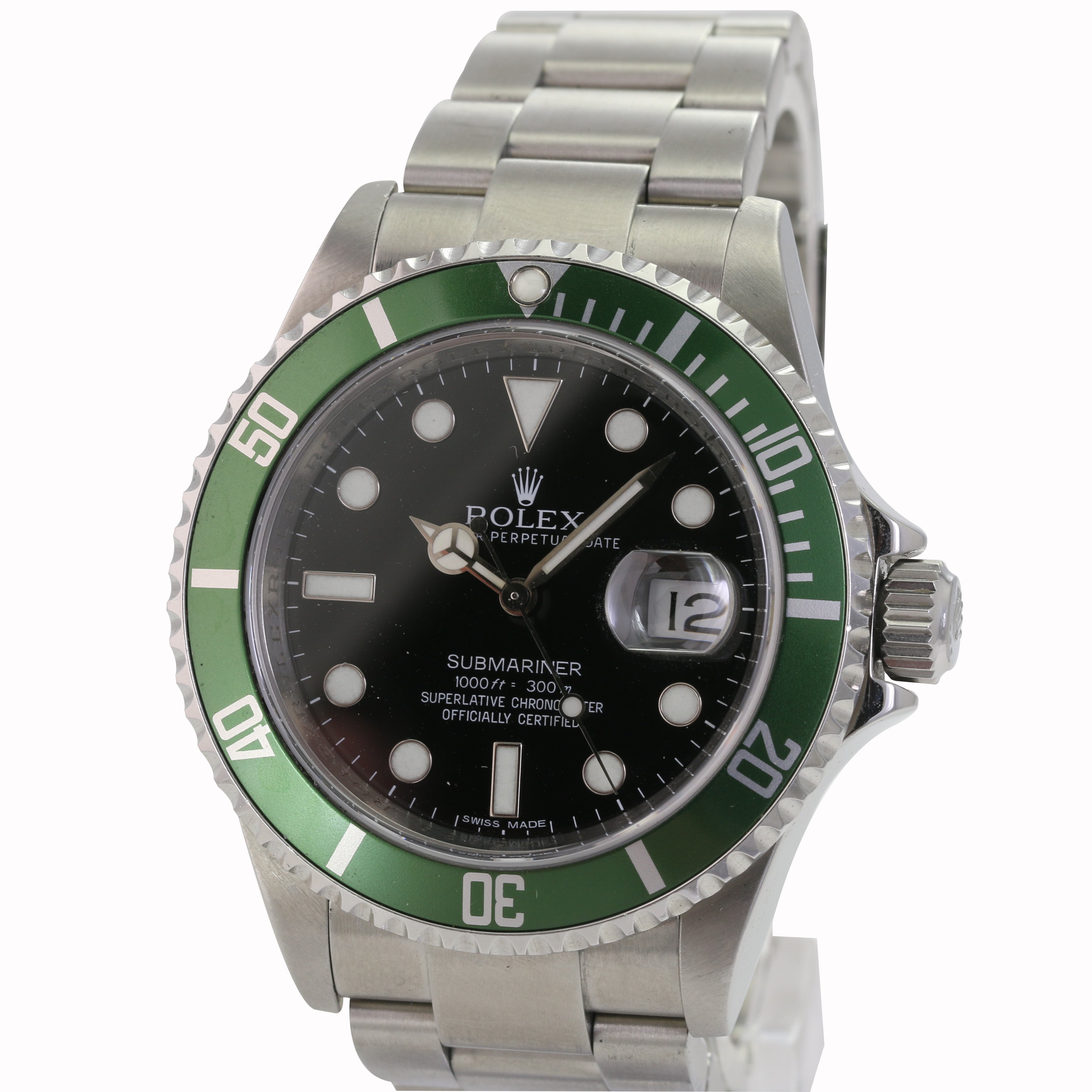 VINTAGE ROLEX SUBMARINER 'KERMIT" BLACK DIAL GREEN INSERT WATCH W/ CERT