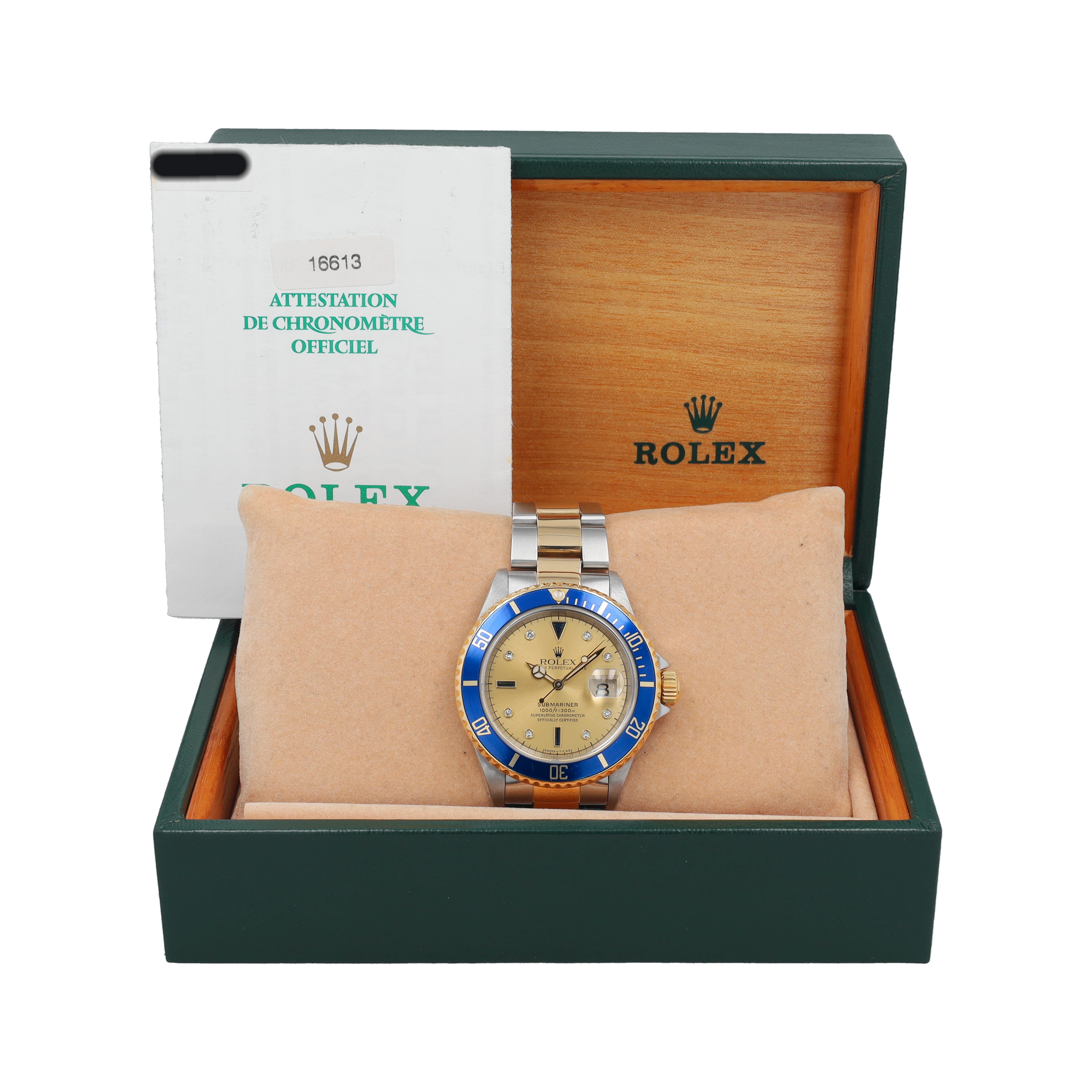 Rolex Submariner 16613 Champagne Serti w/ Box & Paper YR:1999